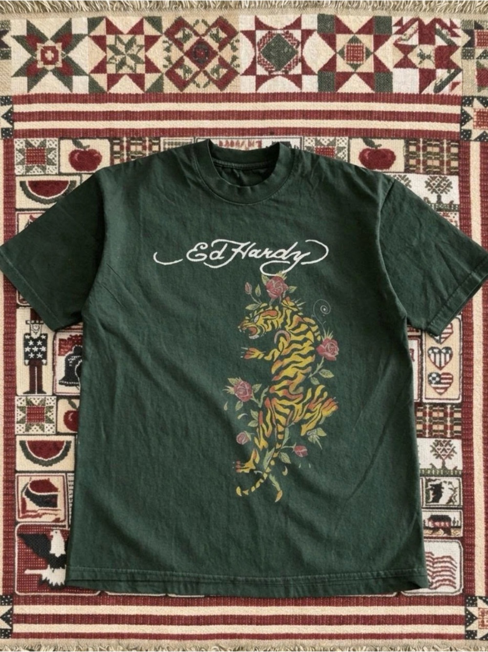 Ed Hardy Men’s Forest Green Graphic Tiger Tee with Rose Accents
